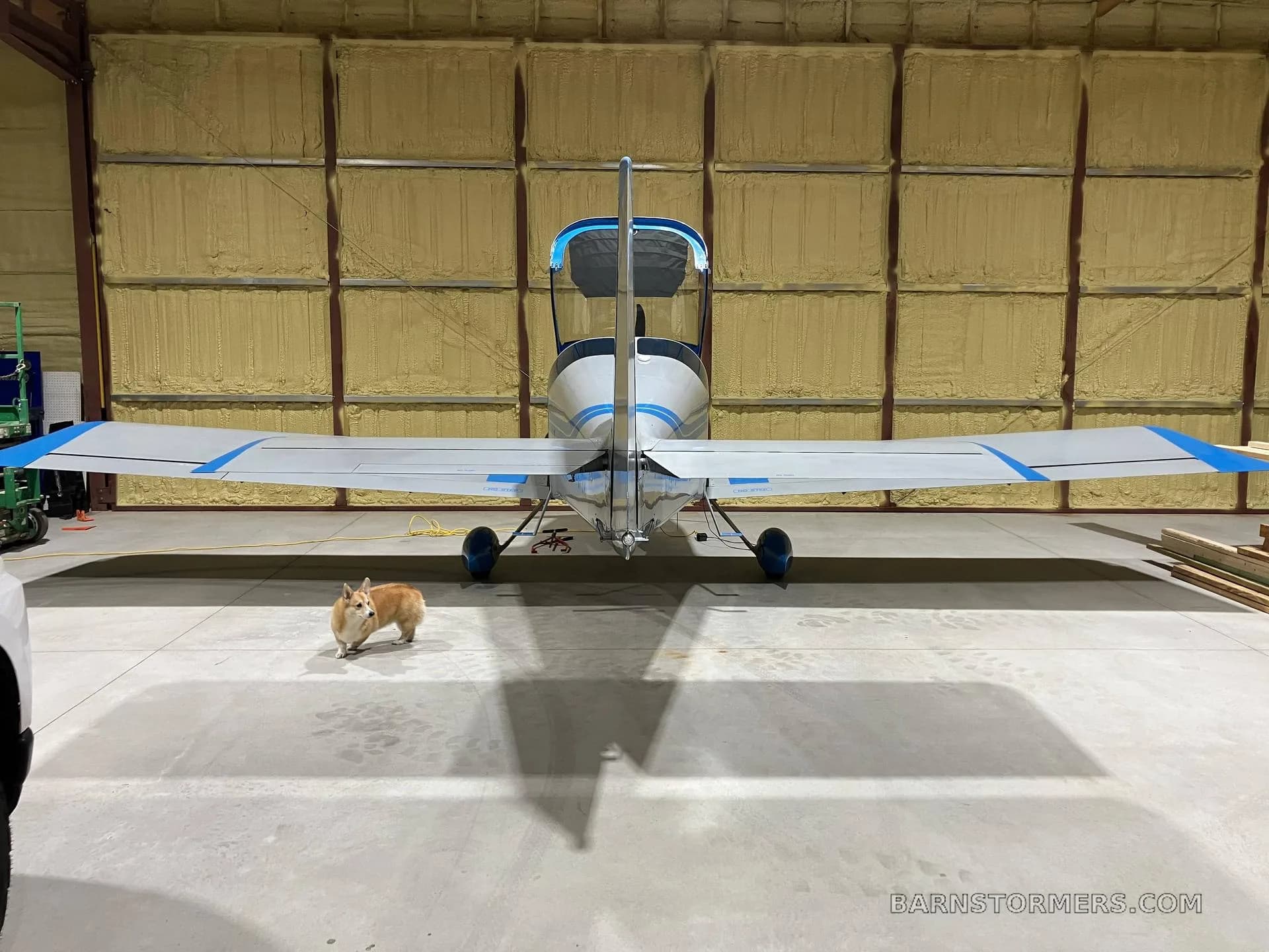 A rear view of the light gray and blue experimental aircraft, N497BW, in a hangar with a small dog.