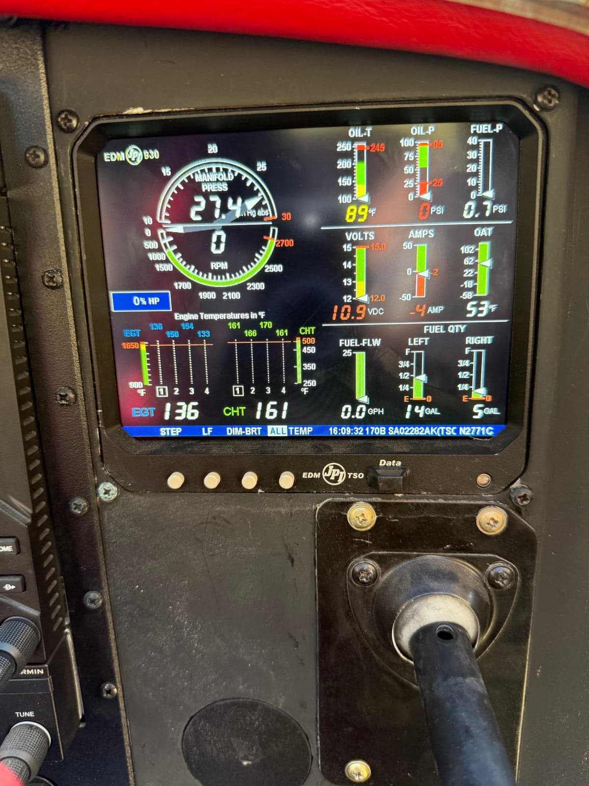 Close-up of the aircraft's engine monitoring display showing various engine parameters.