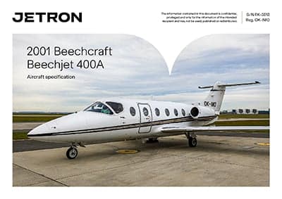 A 2001 Beechcraft Beechjet 400A aircraft specification document with a photo of the aircraft OK-IMO.