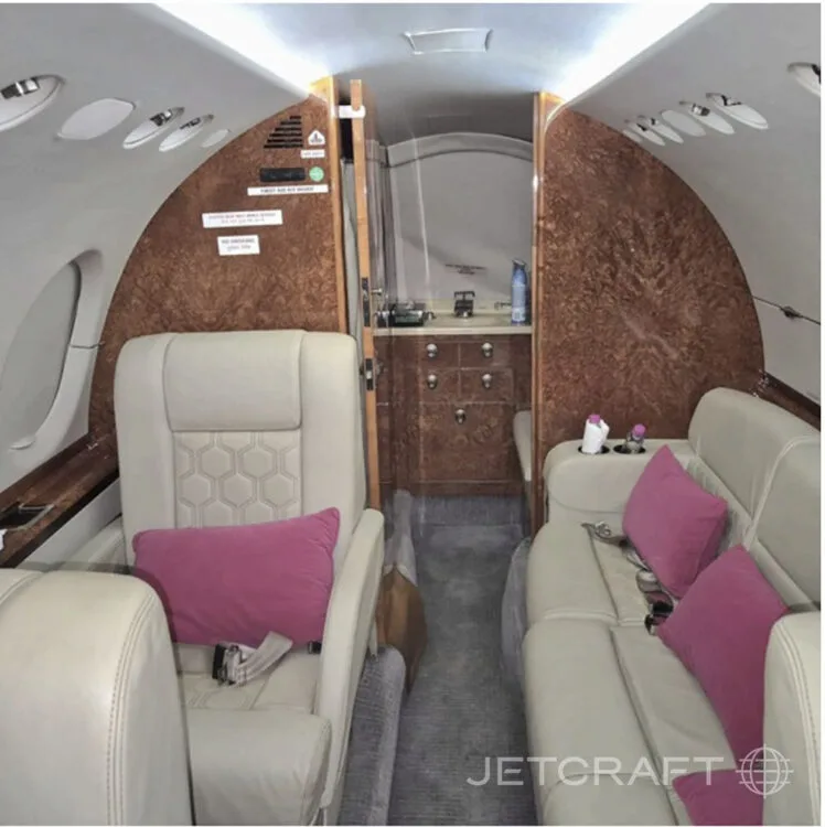 The luxurious interior of a private jet cabin, featuring light-colored leather seats, pink pillows, and wood-paneled walls.