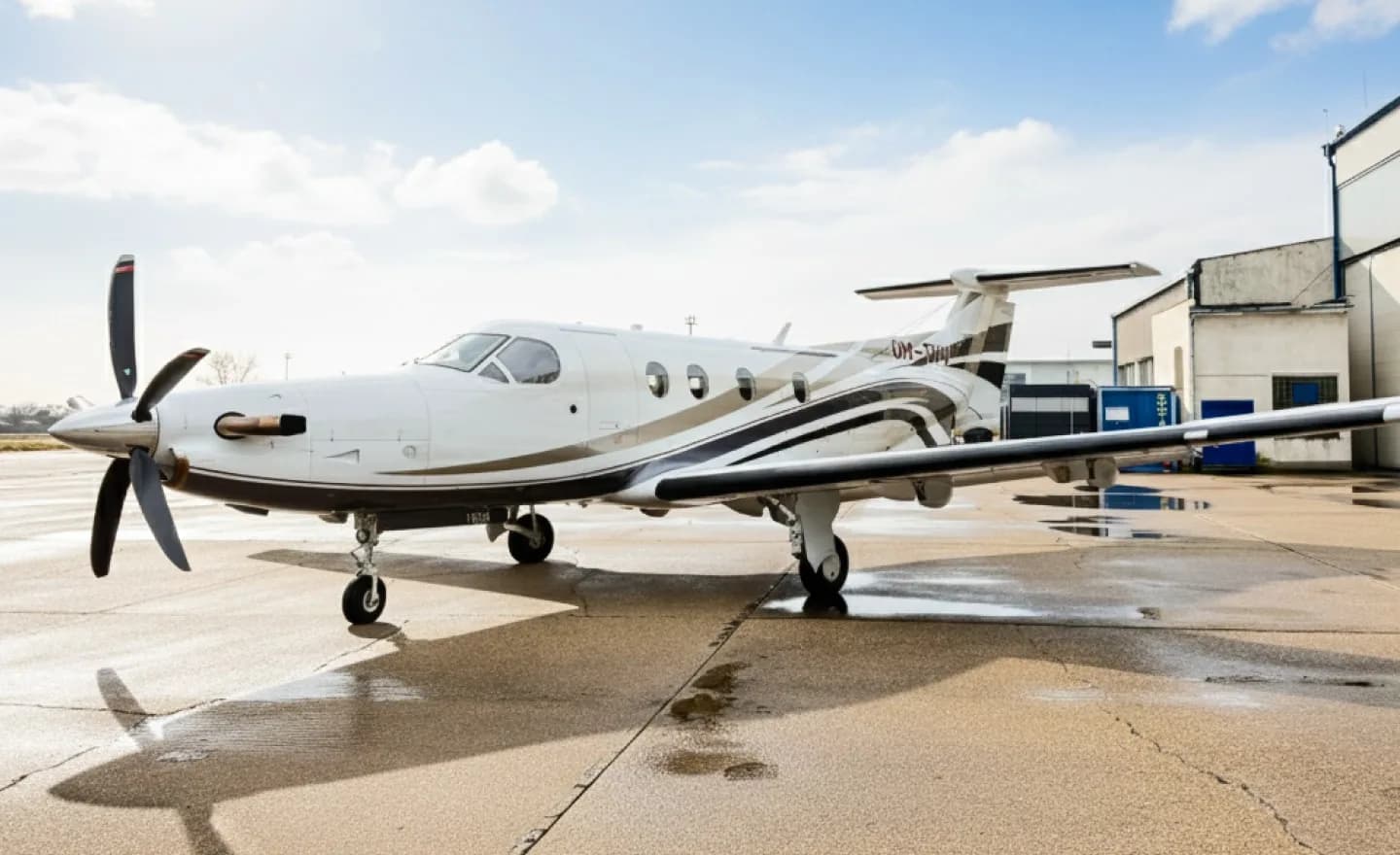 A white Pilatus PC-12 turboprop aircraft with brown and black stripes parked on a wet tarmac at an airport.