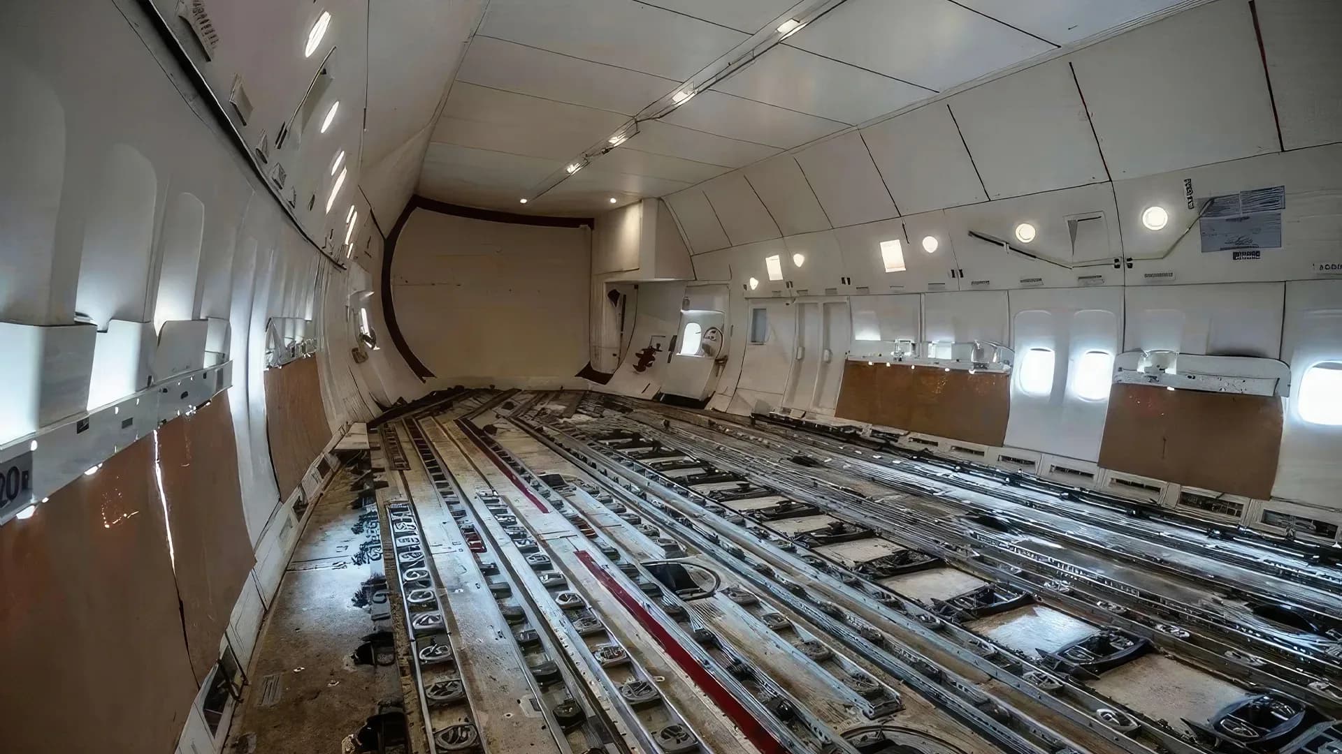 The interior of a cargo plane with rails on the floor.