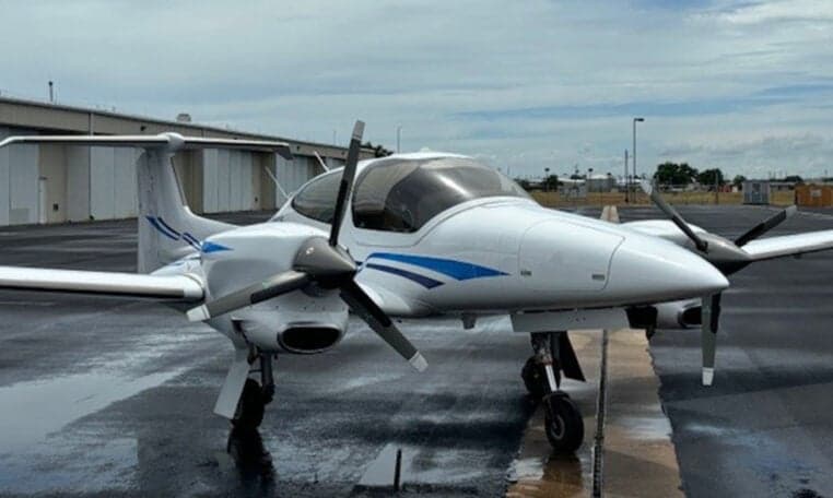 Front view of Diamond DA42-NG aircraft N687ML on the tarmac.