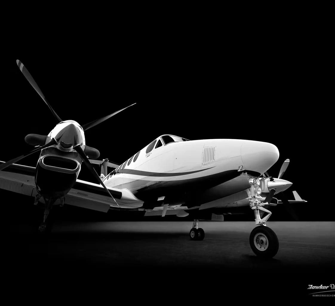 Black and white studio shot of a King Air.