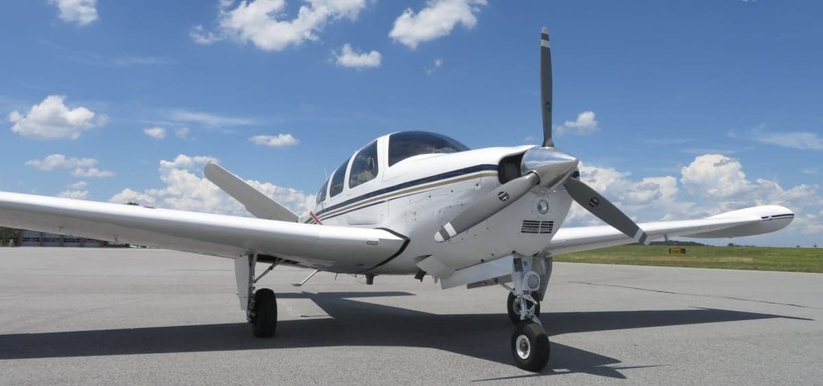 Front view of the Beechcraft Bonanza N428TL on the tarmac.