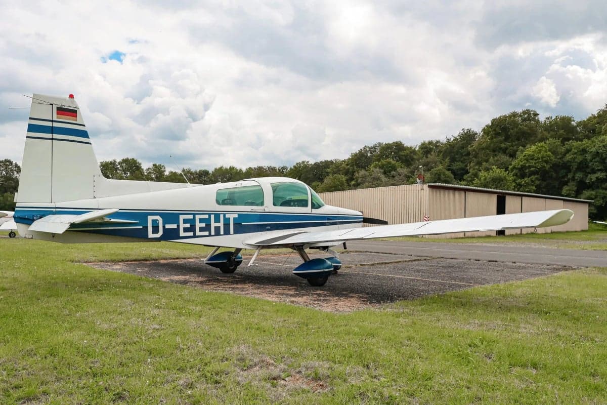 A white and blue aircraft with the registration D-EEHT parked on a grassy airfield next to a building.