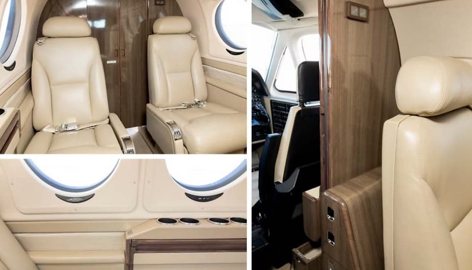 Multiple views of the aircraft's interior with leather seats and wood trim.