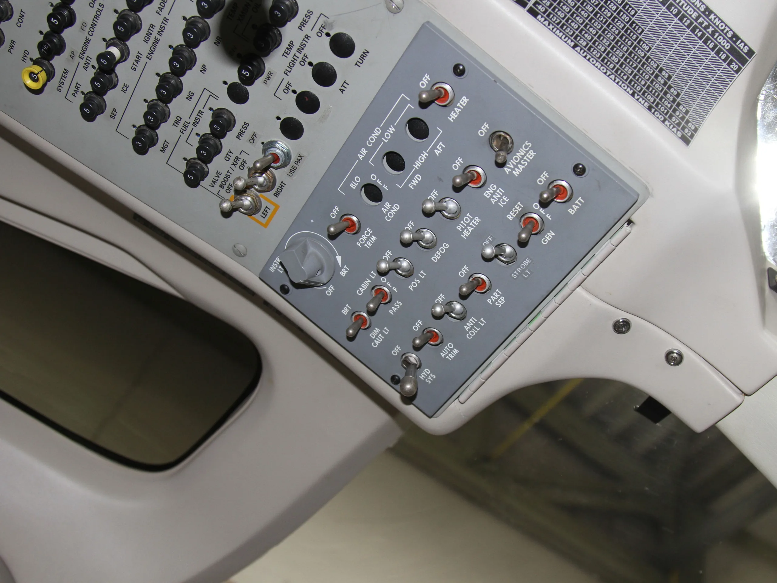 A close-up of the cockpit control panel shows various switches and labels.