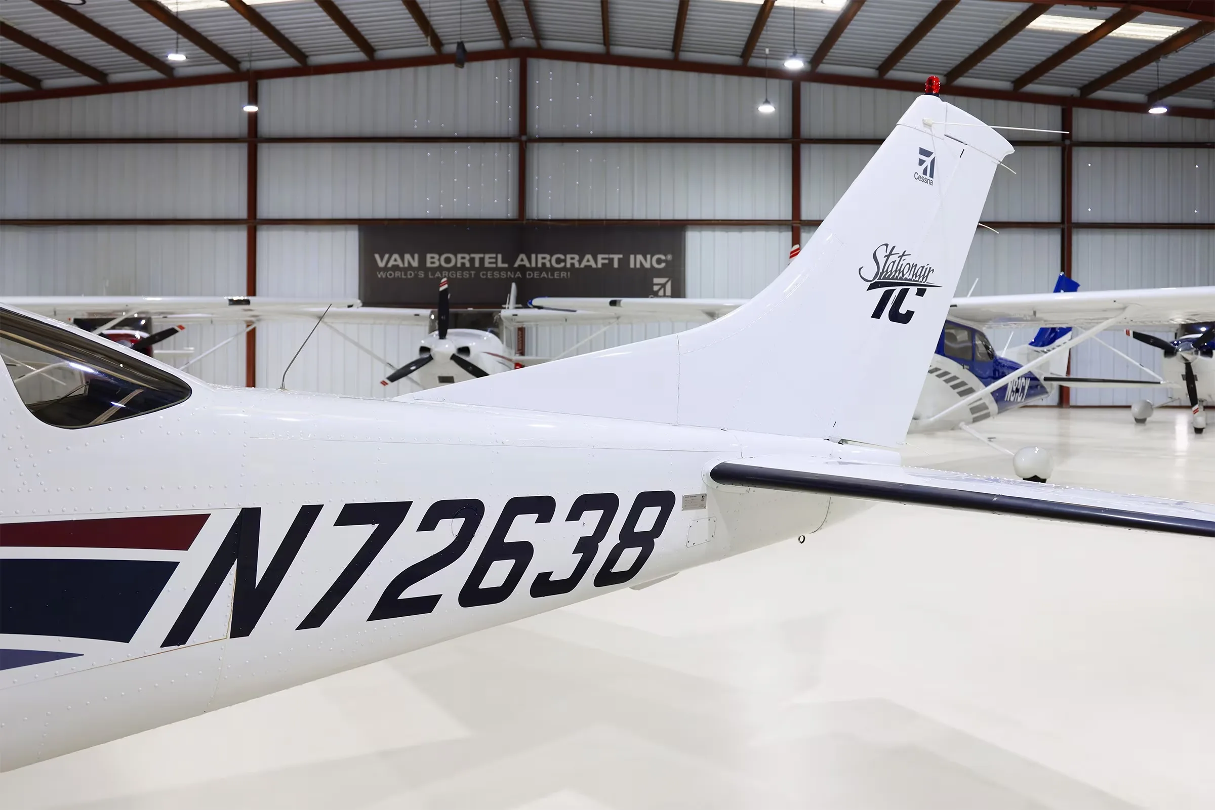 A close-up of the tail and rear fuselage of the Cessna Stationair TC aircraft (N72638) showing the registration.