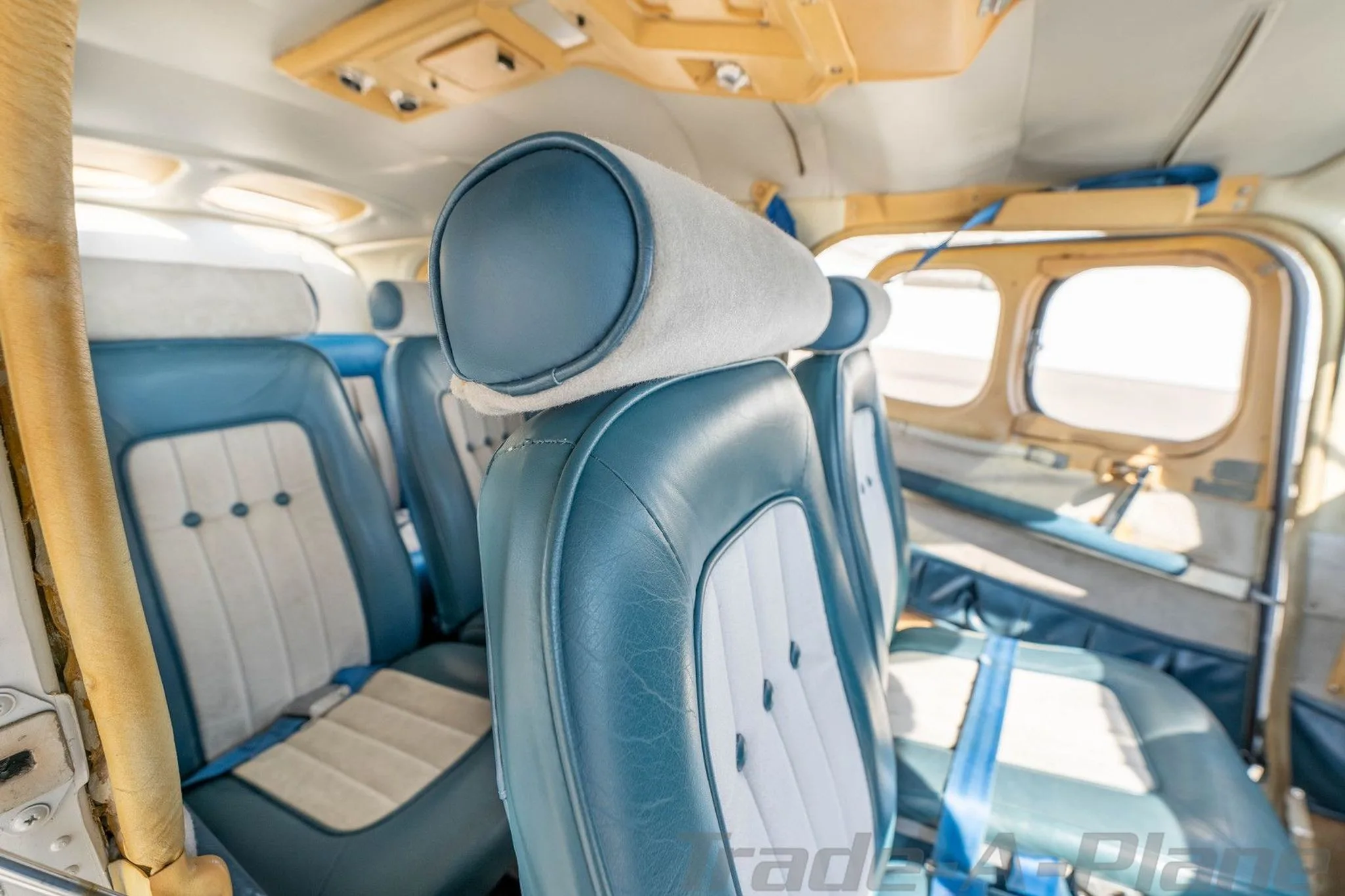 A view of the aircraft's blue and light gray passenger seats from the rear, with light tan window trim.