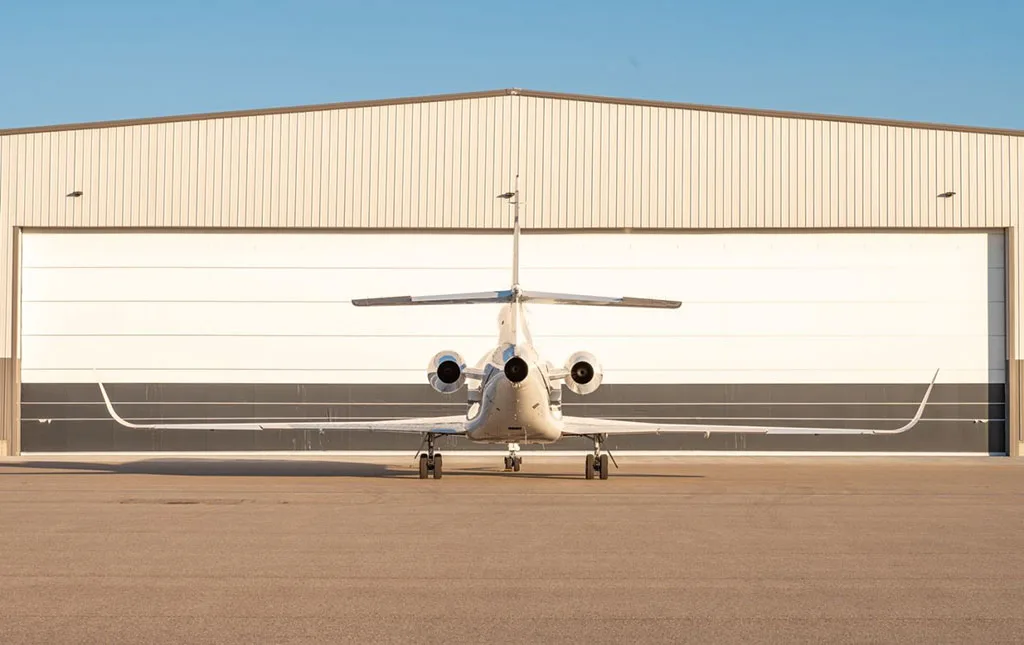A rear view of the Dassault Falcon 900EX business jet, registration N504PA, parked on the tarmac in front of a hangar.