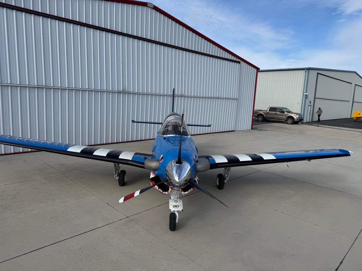 A blue and white SIAI-Marchetti SF.260 is parked on the tarmac with a shark mouth paint scheme.