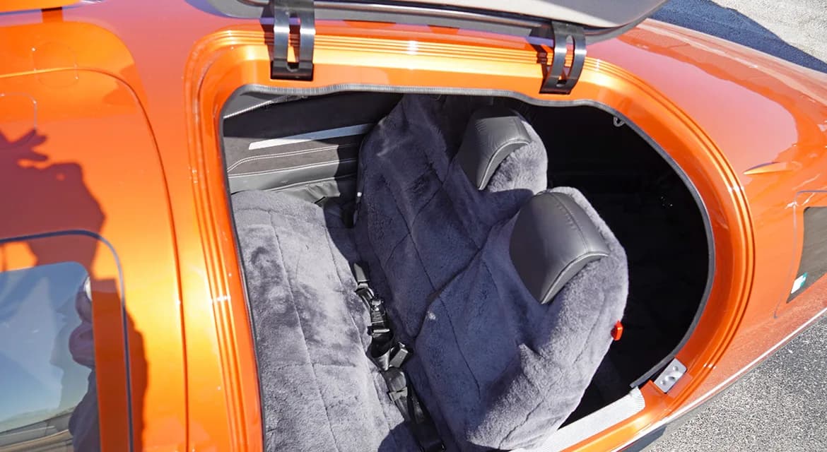 Close-up of the Diamond DA62 cabin seats with sheepskin covers.