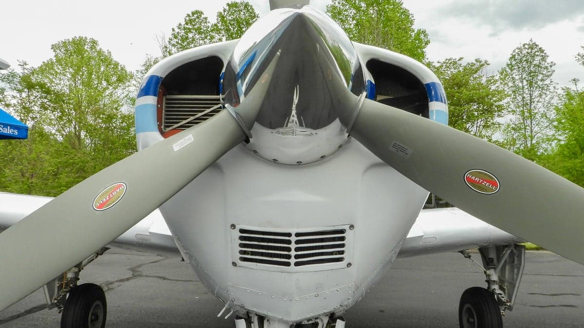 Close up of the propeller and nose of the Beechcraft Bonanza.