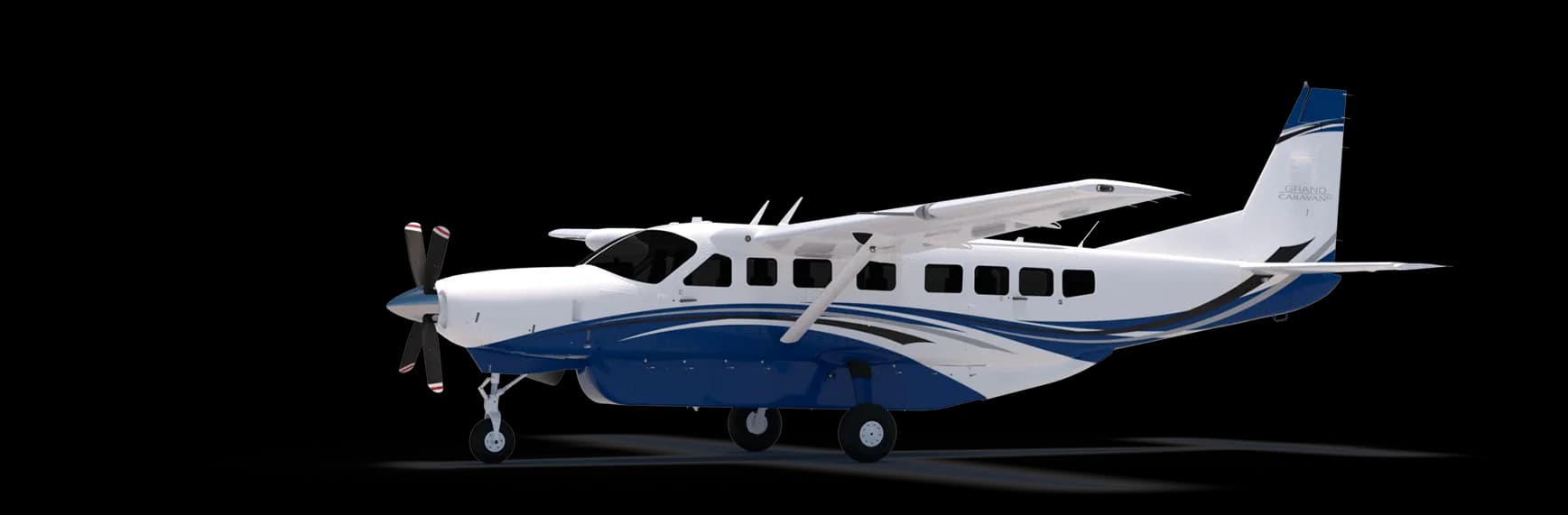 Stock photo of a Cessna Grand Caravan with blue and white paint scheme, side view.
