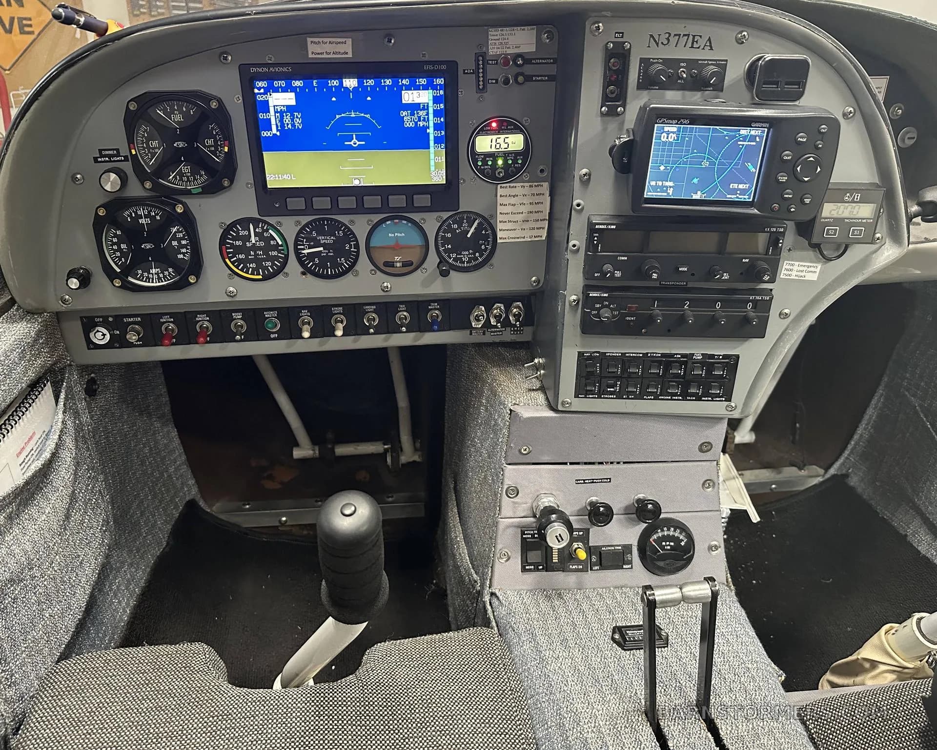 The cockpit of a light aircraft, featuring a glass panel display, traditional gauges, and a Garmin GPS.