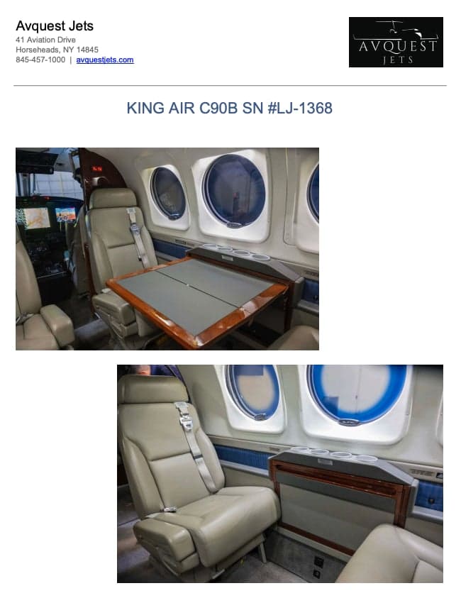 King Air C90B cabin interior with seats and table.