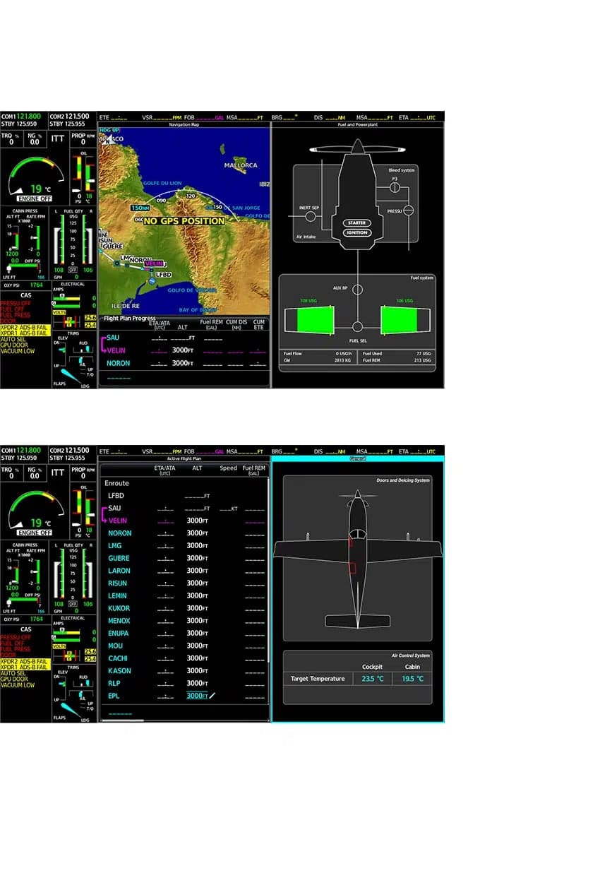 Multiple cockpit display screens showing flight plan, fuel system, and aircraft systems information.