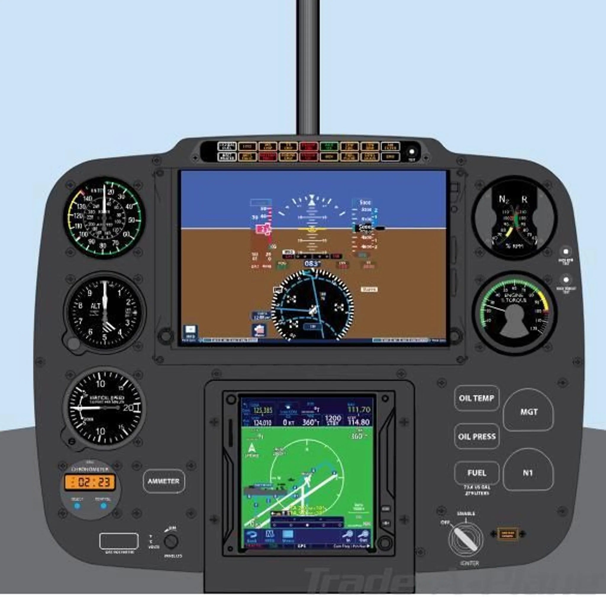 An illustration of a helicopter instrument panel with analog gauges and two large digital displays.