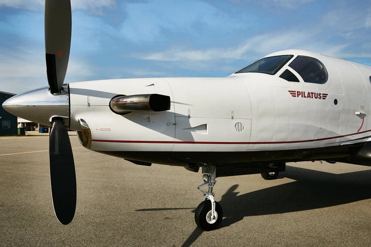 Close up of the front of a Pilatus PC-12NG on the tarmac.