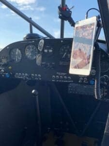 View of the aircraft's instrument panel with an iPad mounted.