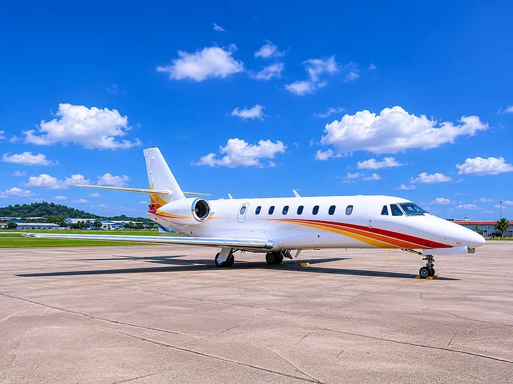 A white business jet with red and orange stripes, parked on an airport tarmac under a bright blue sky with scattered clouds.