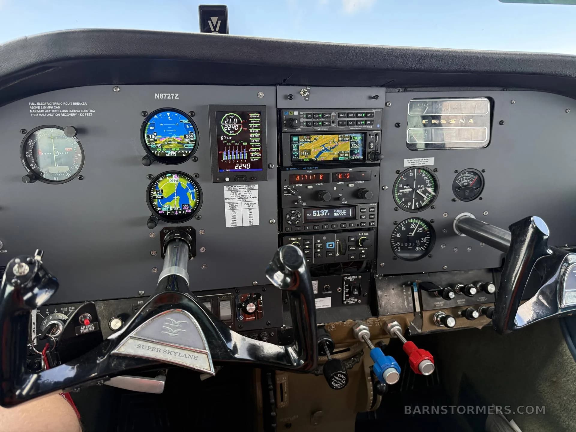 The cockpit of a Cessna Super Skylane, N8727Z, showing the instrument panel with modern avionics and traditional gauges.