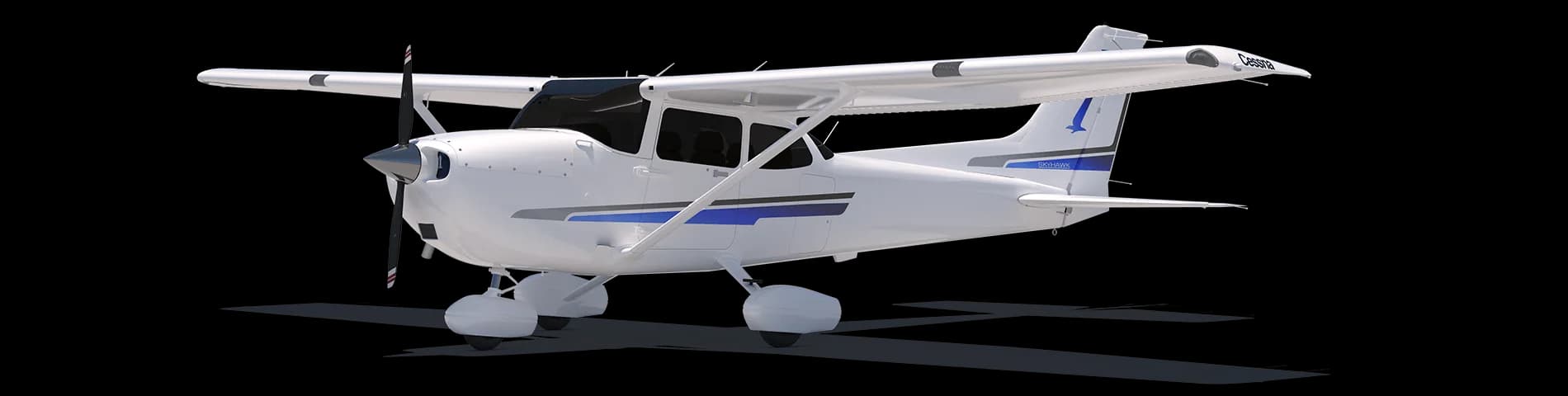 A white and blue Cessna Skyhawk aircraft on a black background.