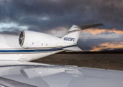 Close up of the tail and engine of a Learjet 45XR aircraft.