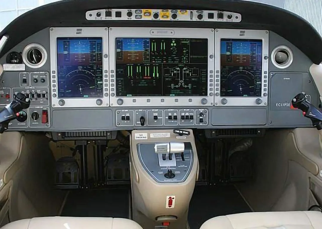The cockpit instrument panel of an Eclipse jet.