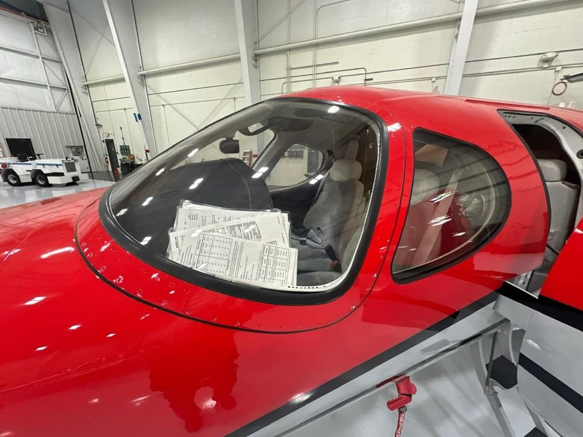 Close up of the aircraft's cockpit and front windows.