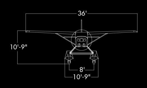 Front view diagram of a float plane with dimensions.