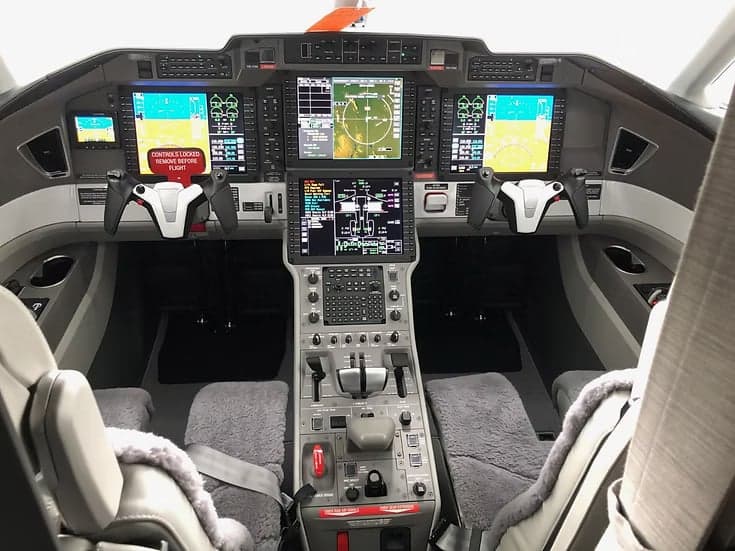 A view of the aircraft cockpit instrument panel.