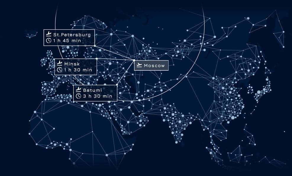 Map showing flight times from Paris to other European cities.