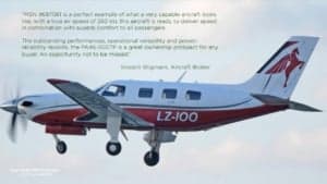 A Piper PA-46-500TP Meridian aircraft with a white and red paint scheme in flight.