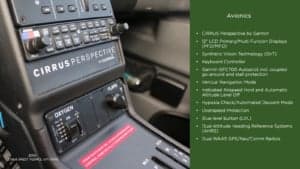 Close-up of the avionics controls in the cockpit of a Cirrus SR22T, with a list of features.