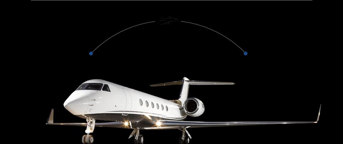A white Gulfstream G650 business jet on the ground at night, with a flight path diagram overlaid above it.