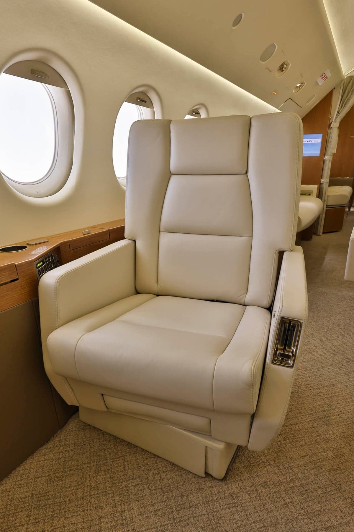 A single white leather seat inside the aircraft cabin.
