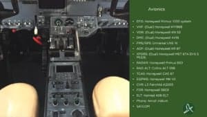 View of the cockpit controls and a list of avionics.