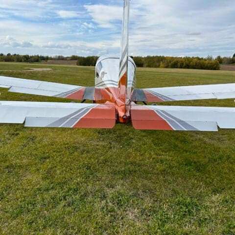 The rear view of a white and orange Grumman American AA-5A Cheetah aircraft parked on a grassy field.