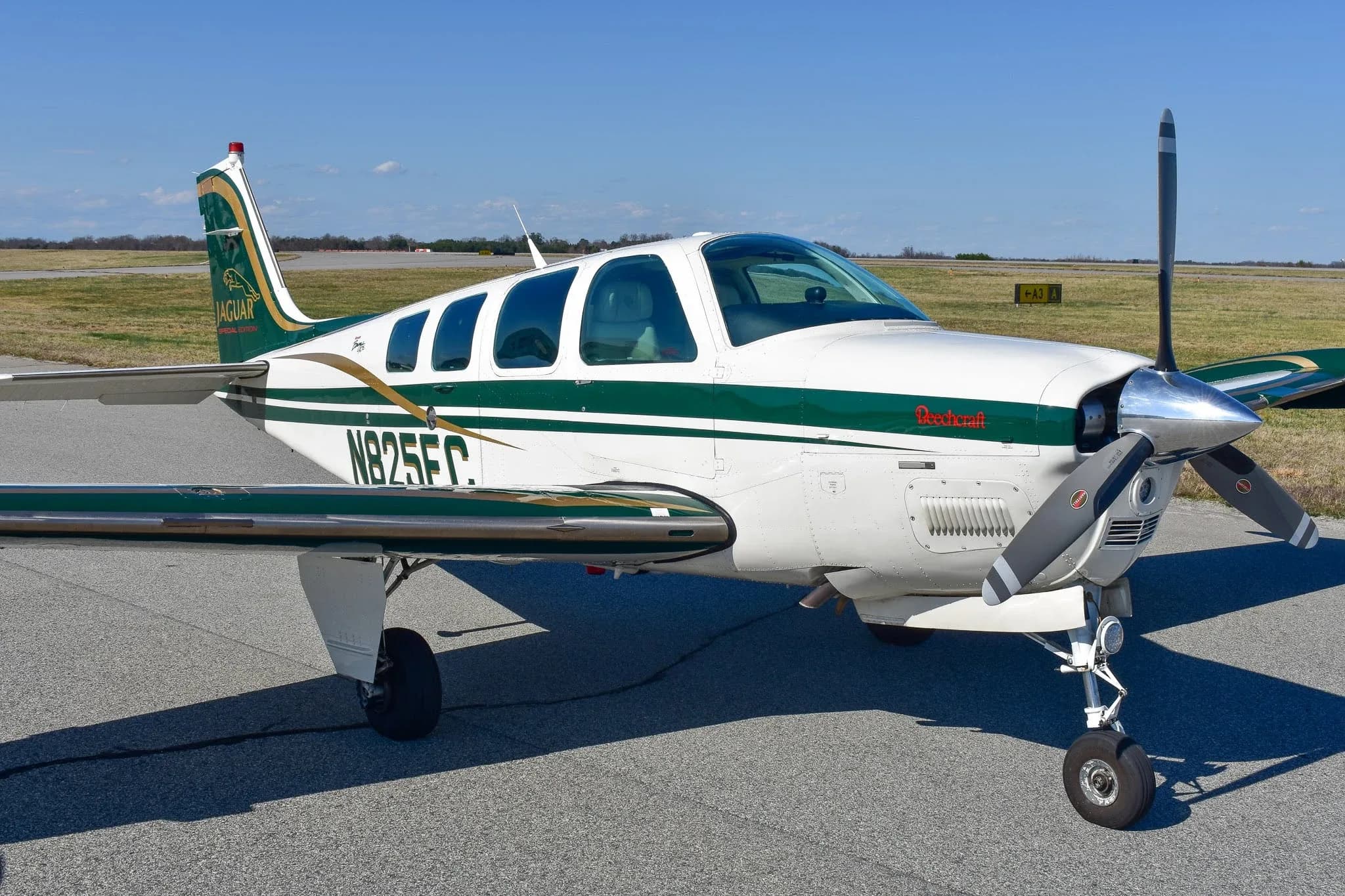 A close-up front three-quarter view of the N825EC Beechcraft Bonanza A36, showing its white and green paint scheme with gold stripes and a "Jaguar Special Edition" logo on the tail.