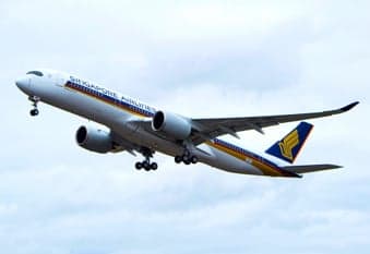 A Singapore Airlines Airbus A350 taking off.