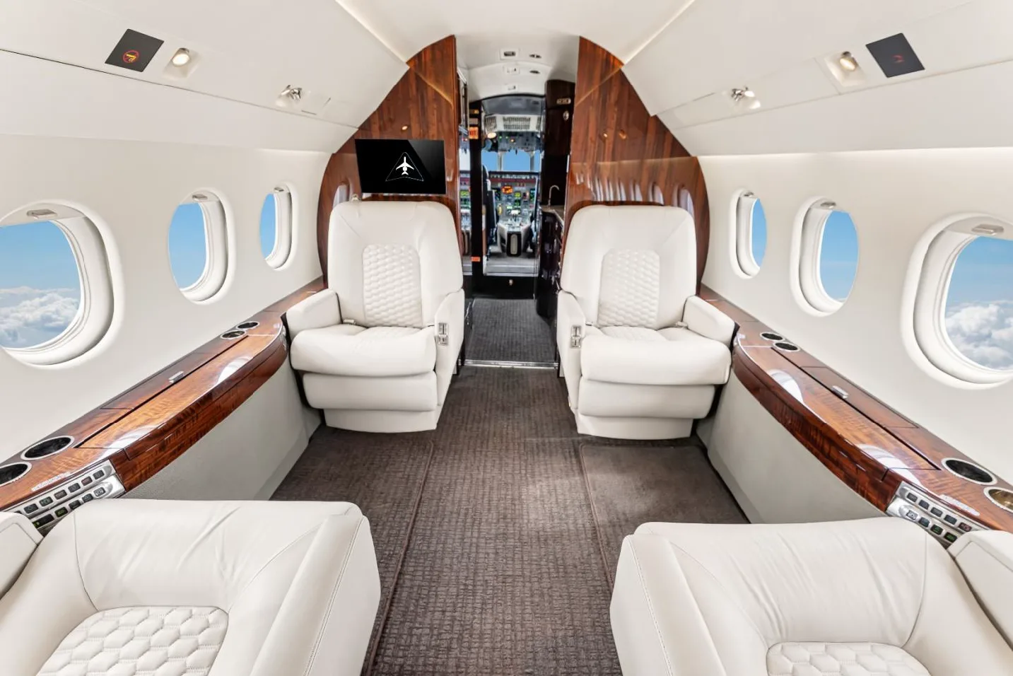 Interior of the aircraft with white leather seats.
