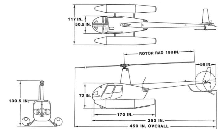 A technical diagram showing top, side, and front views of a helicopter with floats, including various dimensions.