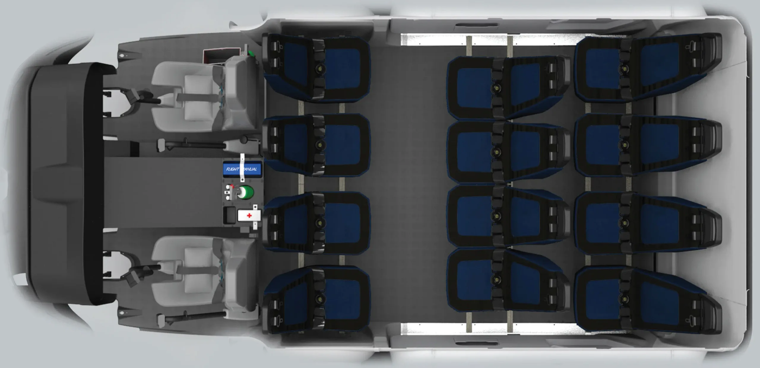 An overhead diagram of an aircraft cabin with two rows of four blue seats on each side, and a cockpit area at the front.