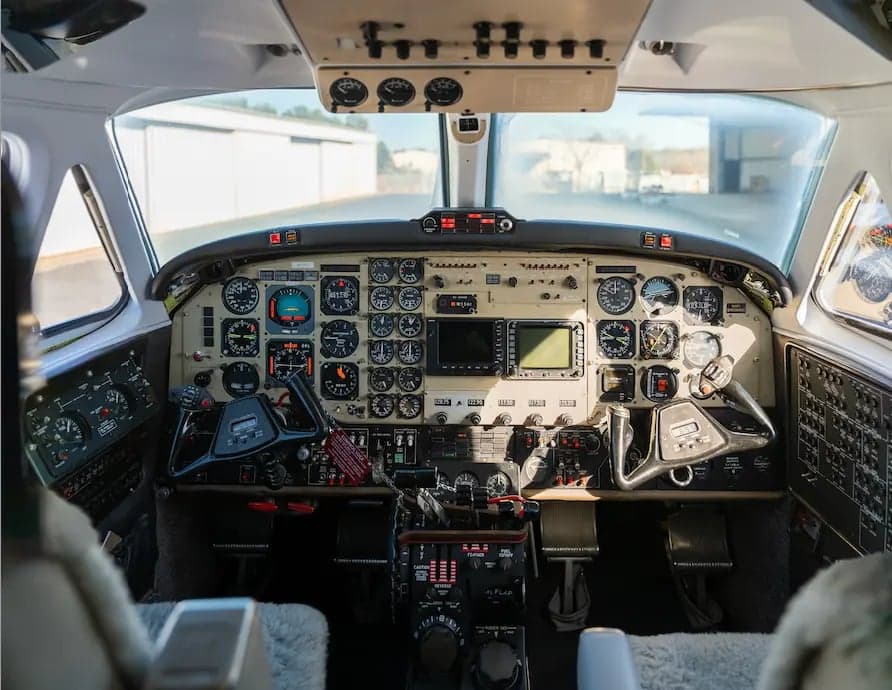 The cockpit of a King Air B200 aircraft.
