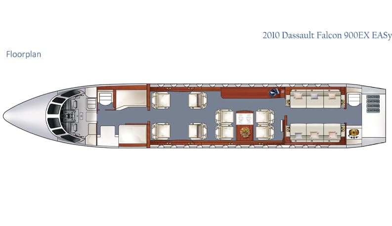 A floorplan diagram of a 2010 Dassault Falcon 900EX EASy business jet interior layout.