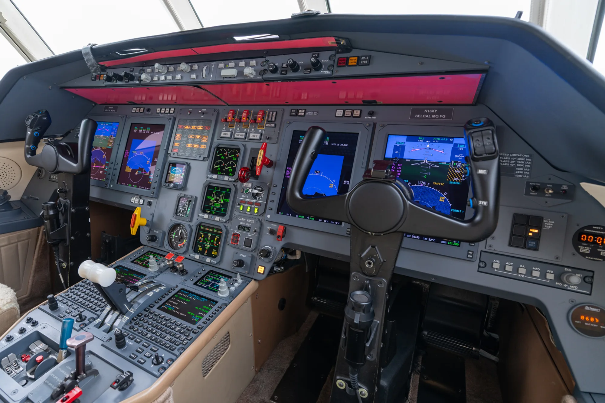 The aircraft cockpit features a full suite of avionics and controls.