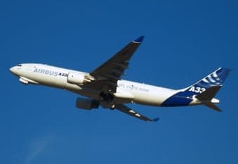 Airbus A330 taking off against a clear blue sky.