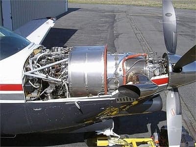 Close-up of the engine compartment of a Beechcraft Bonanza.